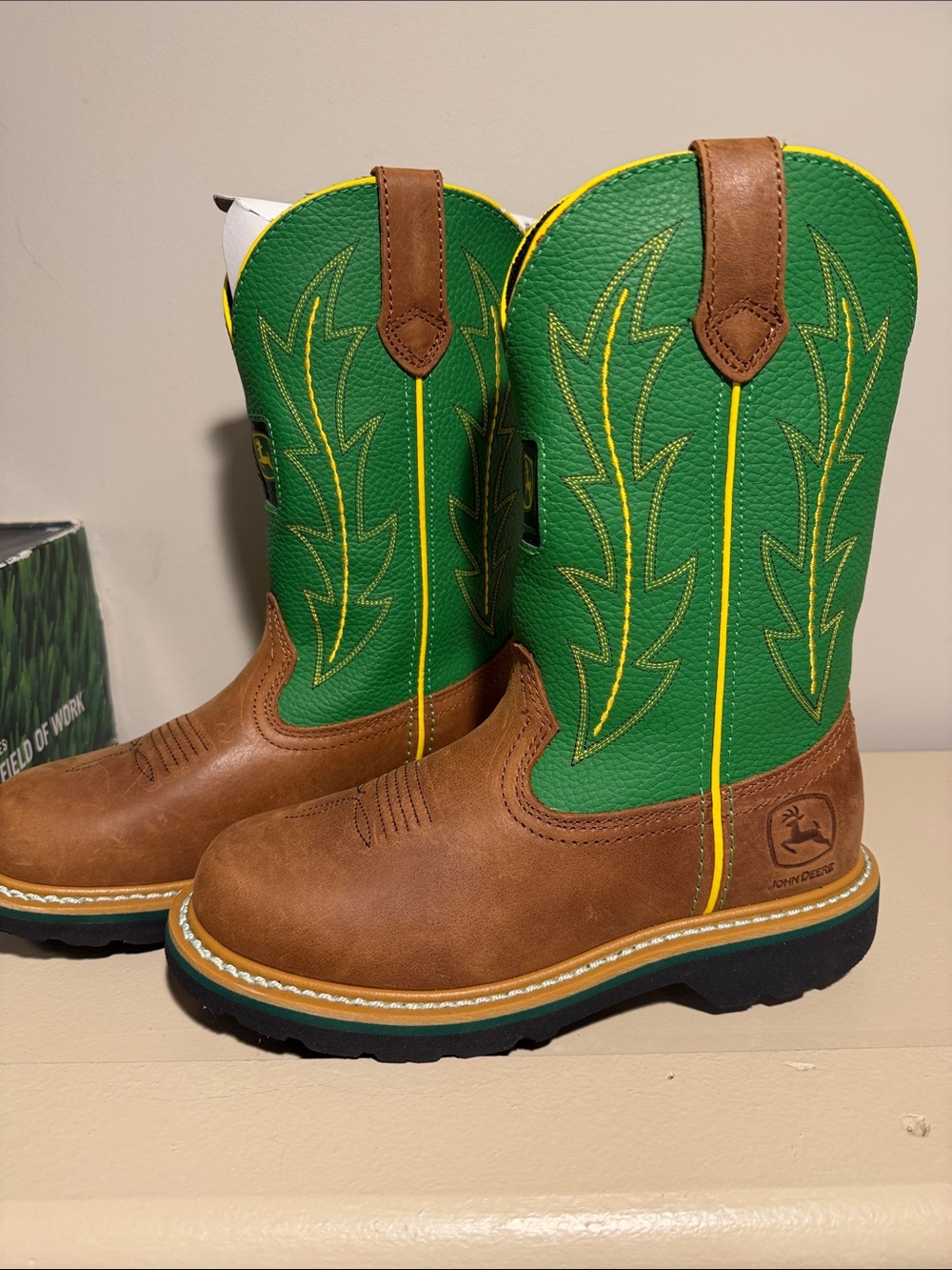 John Deere Green and Brown Kids Pull-On Western Boots with Yellow Trim